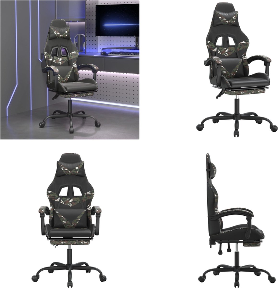 vidaXL gamestoel draaibaar met voetensteun kunstleer zwart&-camouflage - Gamingstoel - Gamingstoelen - Televisiestoel - Racingstoel