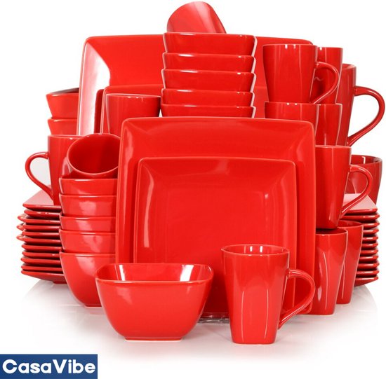 CasaVibe Serviesset – 48 delig – 12 persoons – Keramiek - Luxe – Bordenset - Koppen - Kommen - Vierkant - Rood