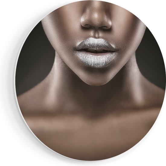 Artaza Forex Muurcirkel Zilveren Lippen Van Een Afrikaanse Vrouw - 80x80 cm - Groot - Wandcirkel - Rond Schilderij - Wanddecoratie Cirkel