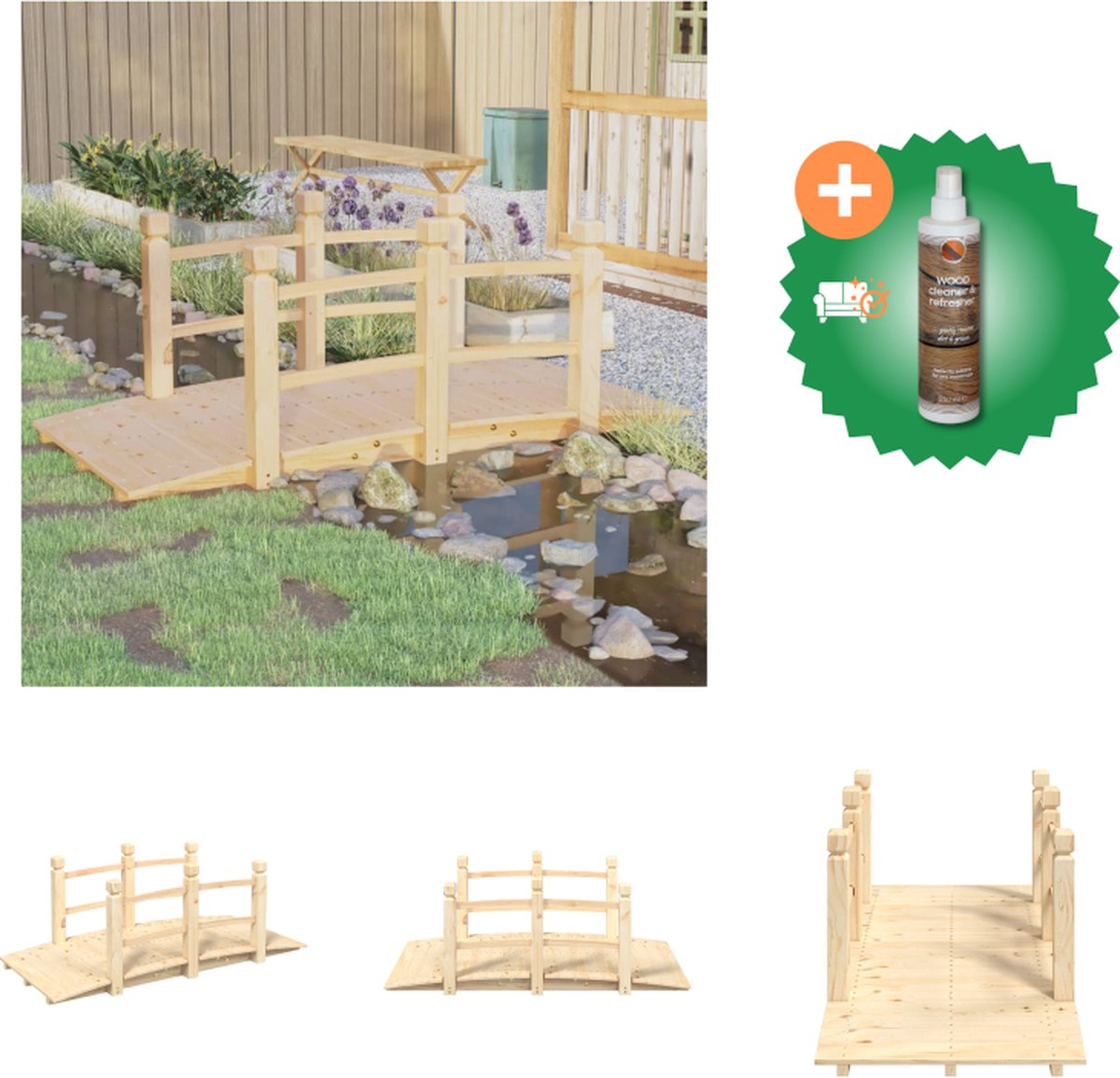 VidaXL Tuinbrug met leuningen 150x67x56 cm massief vurenhout Waterornament Inclusief Houtreiniger en verfrisser