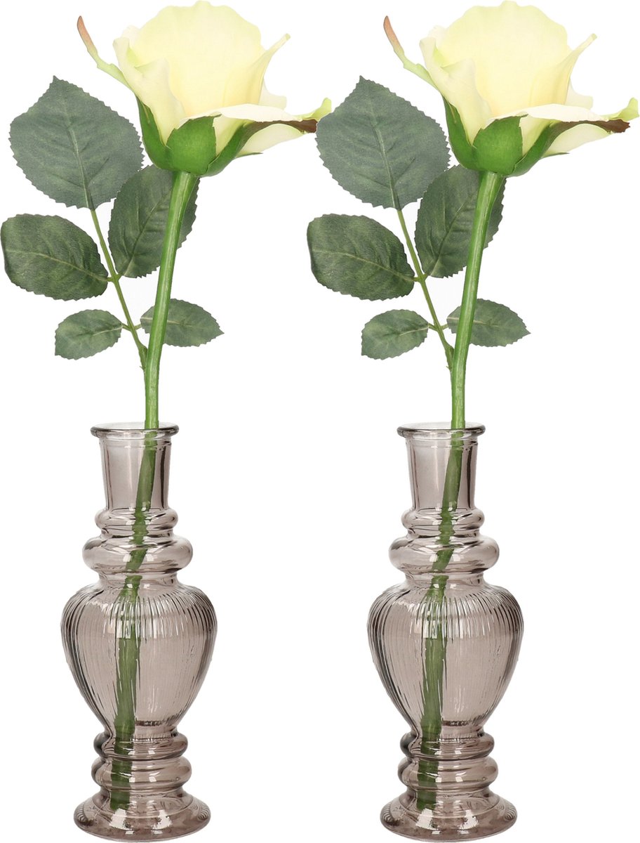 Ideas 4 Seasons Bloemenvaas Venice - 2x - voor kleine stelen/boeketten - gekleurd sierglas - ribbel grijs smoke - D5.7 x H15 cm