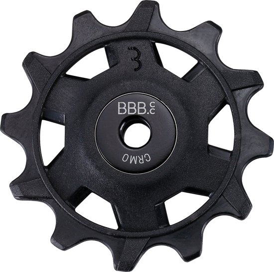 Zwarte derailleurwieltje met 12 tandjes en BBB.E CRMO logo.