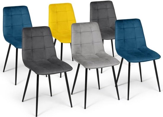 Set van 6 Mila fluwelen stoelen Mix Color blauw x2 x donkergrijs 2x lichtgrijs geel