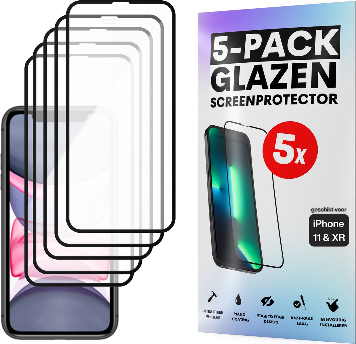 Screenprotector - Geschikt voor iPhone 11 / XR - Gehard Glas - Full Cover Tempered Glass - Case Friendly - 5 Pack