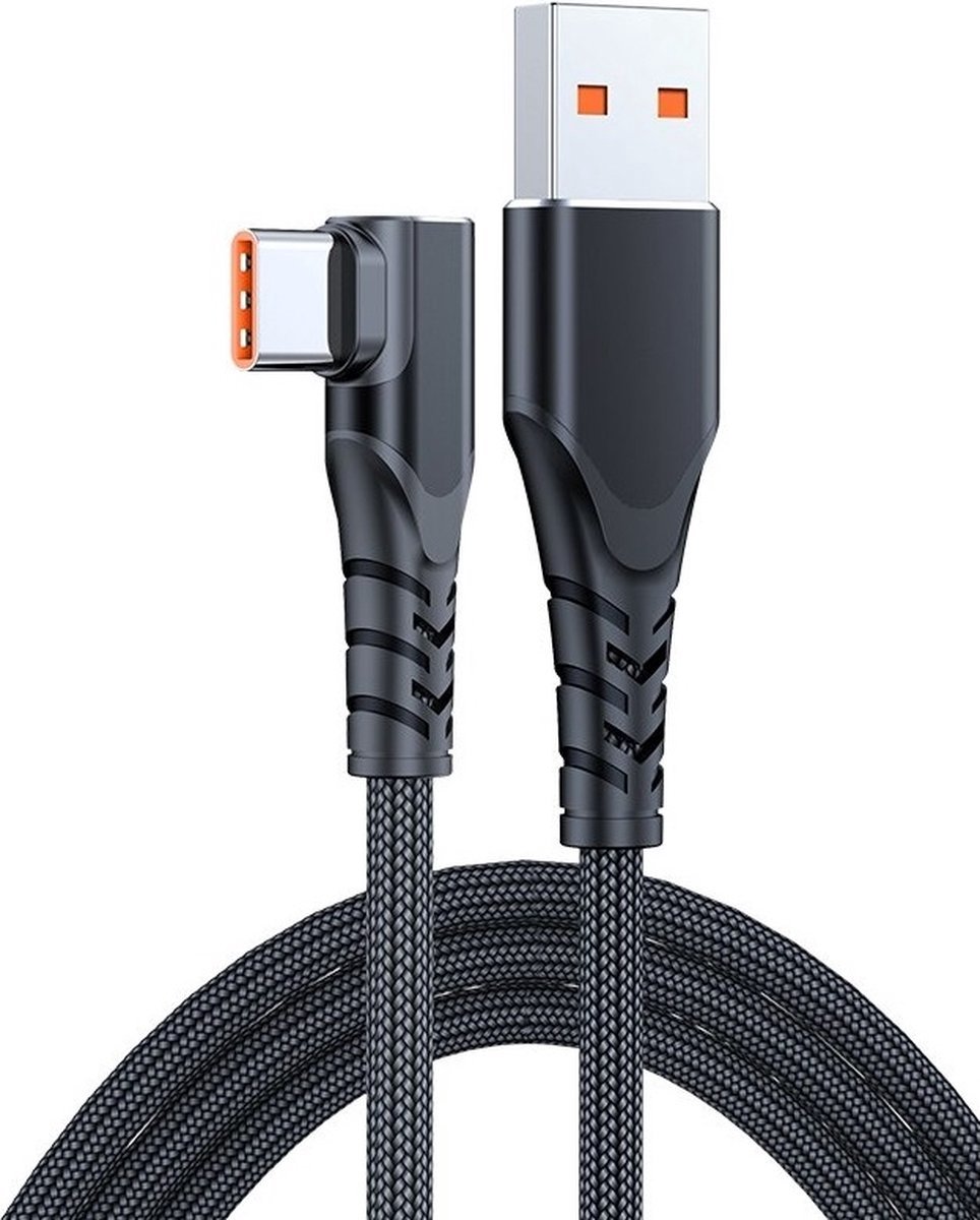 Image of DrPhone SC6 - 6A 66W USB Type C Kabel – 90° Haakse Nylon Gevlochten Oplaadkabel – SuperCharge - Geschikt Voor o.a. Samsung / SGP Huawei P50 serie/Mate 40RS/Pro +/Pro - 1M – Zwart