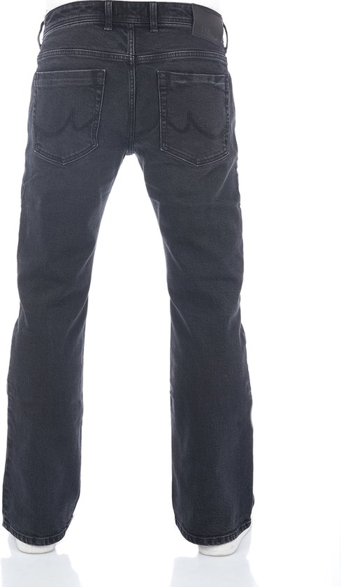 Donkergrijze jeans met bootcut pasvorm, gezien vanaf de achterkant.