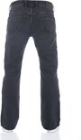 Donkergrijze jeans met bootcut pasvorm, gezien vanaf de achterkant.