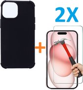 Shock-proof silicone hoesje met 2 Pack Tempered glas Screen Protector - zwart - Geschikt voor: iPhone 15 Plus