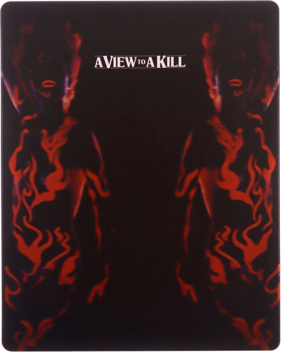 Zwarte achtergrond met gespiegelde rode vlamfiguren en de titel 'A VIEW TO A KILL'.