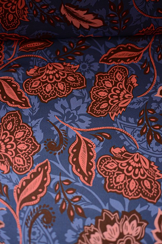 Satijn blauw met roze bloemen 1 meter - modestoffen voor naaien - stoffen Stoffenboetiek