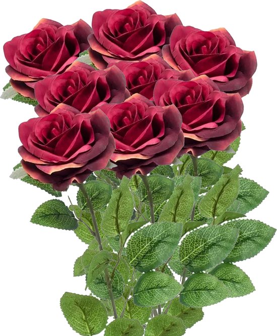 Emerald Kunstbloemen boeket roos Marleen - 8x - wijn rood - 63 cm - decoratie bloemen