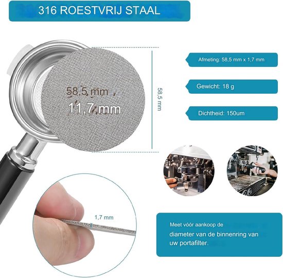 Puck zeef, 58,5 mm Puck Screen gesinterde koffiefilterplaat voor espresso zeefdrager accessoires 1,7 mm dikte 150 um roestvrij staal 316 herbruikbaar roestvrij staal