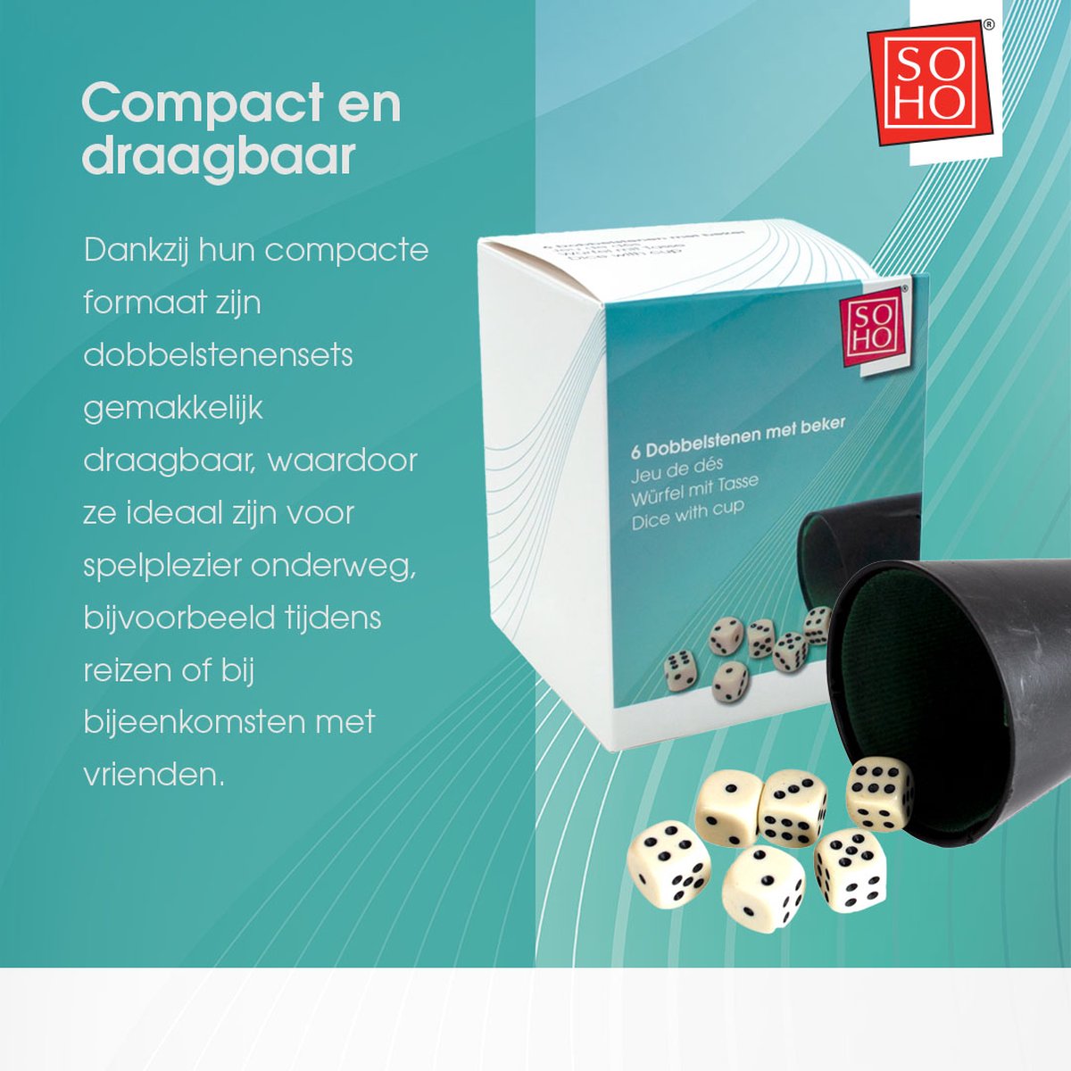 SOHO Dobbelset – Dobbelstenen – Dobbelsteen – Dobbelstenen met gevoerde dobbelbeker – Kunststof – 6 stuks