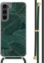 Casimoda® hoesje met groen koord - Geschikt voor Samsung S23 Plus - Monstera Leaves - Afneembaar koord - TPU/polycarbonaat - Zwart