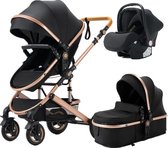 ProductPlein - Kinderwagen 3 in 1 – Wandelwagen baby 3 in 1 – Kinderwagen inclusief Autostoeltje – Kinderwagen Zwart/Goud, Aluminium