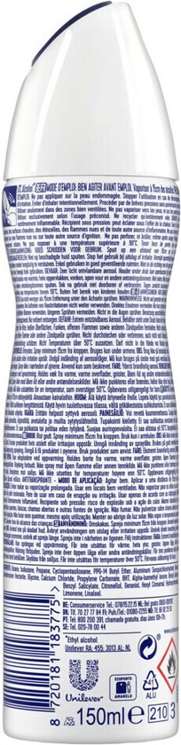 Achterkant van een Rexona deodorantfles met productinformatie in meerdere talen.