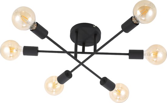 Trango6-vlams plafondlamp 1012-65AL *SKY* incl. 6x 4 Watt E27 2500K Amber LED lamp vintage kroonluchter zwart-mat, gangverlichting, keukenlamp, plafondlamp, woonkamerlamp Armen draaibaar
