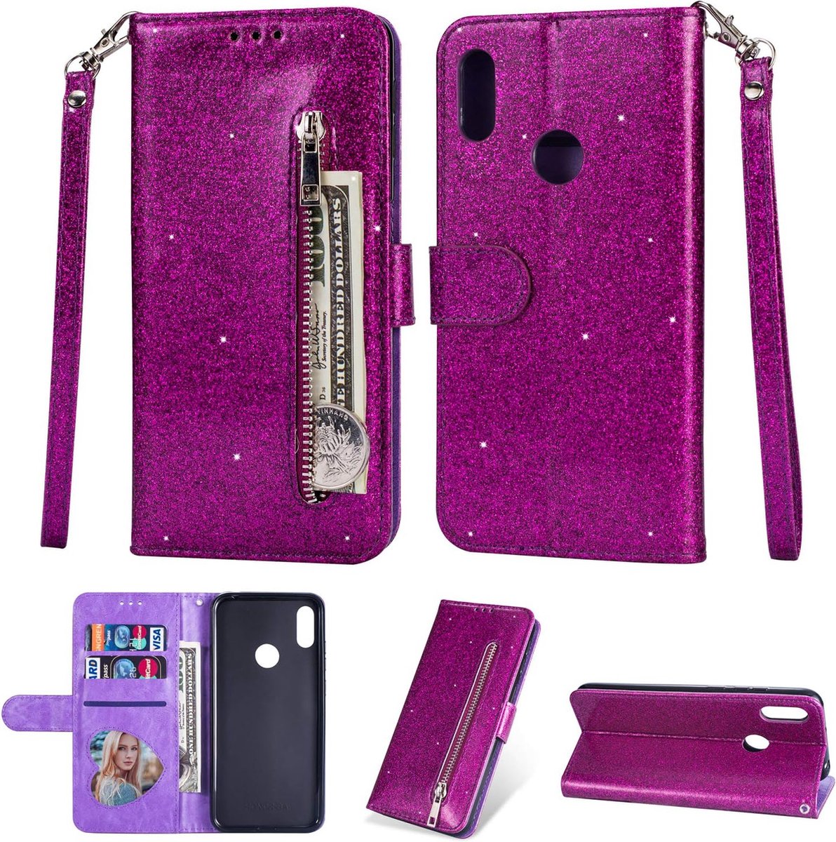 Portemonnee Hoesje - Wallet Case - Rits Sparkly Glitter - Telefoonhoes met Kord Geschikt voor: Samsung Galaxy A10s - Paars