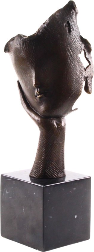 Gezicht - Bronzen Beeld - Brons Stempel en Gesigneerd - Brons Beeldje op een Marmer Sokkel - Gezichtsmasker Sculptuur op Handpalm - Bronzen Beelden Decoratie - 16x12x37