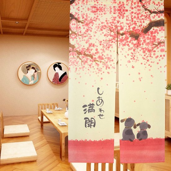 Rideau long norvégien japonais, tapisserie de rideau de porte pour textile de maison, séparateur de pièce rose 85 x 150 cm (Happy Dog Cherry Blossom)