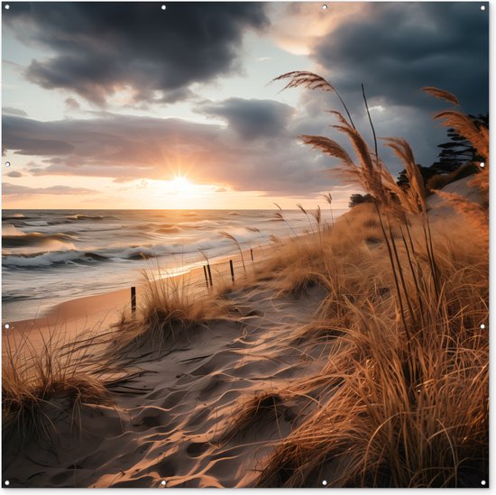 Tuin poster Strand - Duinen - Zee - Zand - Helmgras - 200x200 cm - Tuindoek - Buitenposter