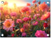 Tuinposter bloemen - Tuindecoratie roze rozen - 40x30 cm - Poster voor in de tuin - Buiten decoratie - Schutting tuinschilderij - Tuindoek muurdecoratie - Wanddecoratie balkondoek