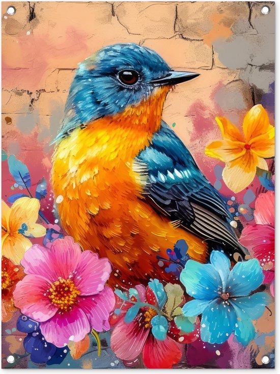 Tuinposter 60x80 cm - Tuindecoratie - Graffiti - Vogel - Bloemen - Streetart - Poster voor in de tuin - Buiten decoratie - Schutting tuinschilderij - Muurdecoratie - Buitenschilderijen - Tuindoek - Buitenposter..