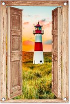 Tuinposter 40x60 cm - Vuurtoren - Doorkijk - Natuur - Zon - Landschap - Strand - Zee - Lichtbruine deur - Tuindecoratie voor buiten - Schutting decoratie - Muurdecoratie - Tuin schilderij - Tuindoek - Buitenposter