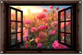 Tuinposter doorkijk bloemen - Donkerbruin raam - Tuindecoratie roze rozen - 90x60 cm - Poster voor in de tuin - Buiten decoratie - Schutting tuinschilderij - Tuindoek muurdecoratie - Wanddecoratie balkondoek