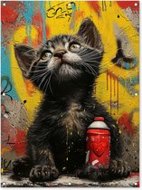 Tuinposter 90x120 cm - Tuindecoratie - Graffiti - Kitten - Street art - Kat - Dier - Poster voor in de tuin - Buiten decoratie - Schutting tuinschilderij - Muurdecoratie - Tuindoek - Buitenposter..