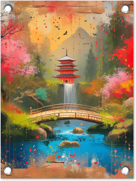 Tuinposter 30x40 cm - Tuindecoratie - Graffiti - Japanse tuin - Kleurrijk - Japan - Street art - Poster voor in de tuin - Buiten decoratie - Schutting tuinschilderij - Muurdecoratie - Tuindoek - Buitenposter..