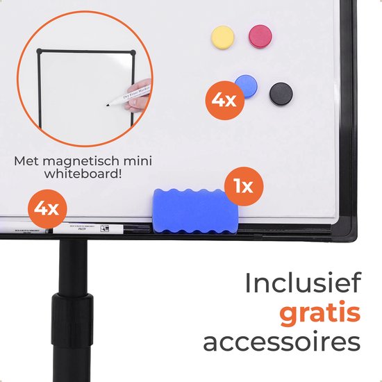 Een magnetisch whiteboard met stiften, magneten en een gum. Met "gratis accessoires".