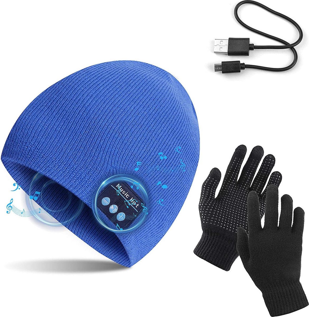 Blauw one size muts met touch handschoenen, winter warm gebreide draadloze Bluetooth V5.0 hoofdtelefoon muziek USB - super warm gevoerd met fleece laag - voor hardlopen, wandelen, fietsen, wintersport, reizen
