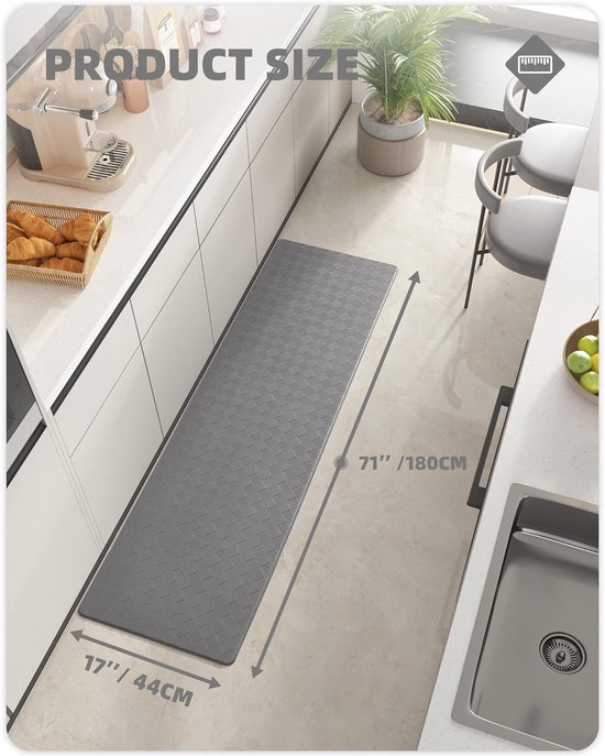 Keukenmat 44 x 180 cm, Anti Vermoeidheid Keukenmat Anti slip Wasbaar, Olie resistent, Waterdicht Leer Keukenmat voor Keuken, Eetkamer, Woonkamer, Kantoor (Grijs)