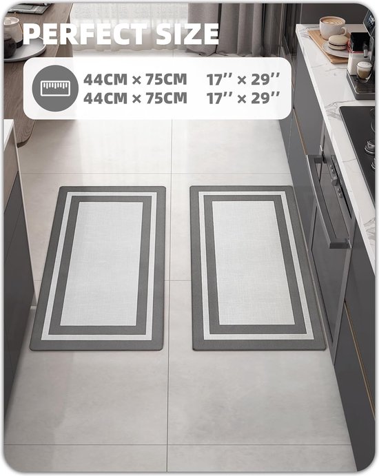 Super Absorberend Keukenmat 44 x 75 + 44 x 75 cm, Snel Droog Keukenmat Anti slip Wasbaar, Keukenmat voor Keuken, Eetkamer, Wasruimte (Grijs)