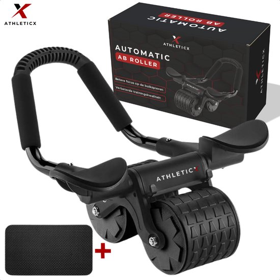 Foto: Athleticx ab roller pro zwart incl kniekussen buikspiertrainers ab wheel buiktrainer ab roller rebound buikspieren afslanken core trainer kniemat blessures herstel buikwiel trainingswiel core stability