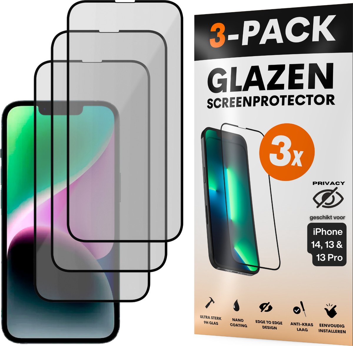 Privacy Screenprotector - Geschikt voor iPhone 14 / 13 / 13 Pro - Gehard Glas - Full Cover Tempered Privacy Glass - Case Friendly - 3 Pack