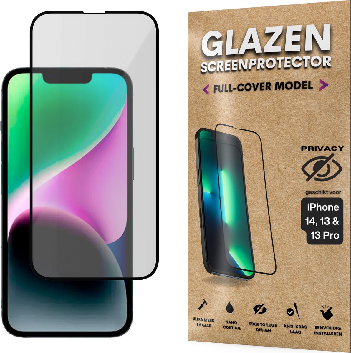 Privacy Screenprotector - Geschikt voor iPhone 14 / 13 / 13 Pro - Gehard Glas - Full Cover Tempered Privacy Glass - Case Friendly