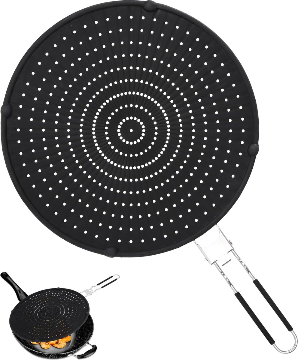 Siliconen spatbescherming voor pannen, 32 cm, multifunctionele spatbescherming, met inklapbare handgreep, hittebestendige pannenafdekking/zeef, universele bescherming tegen vetspetters, zwart