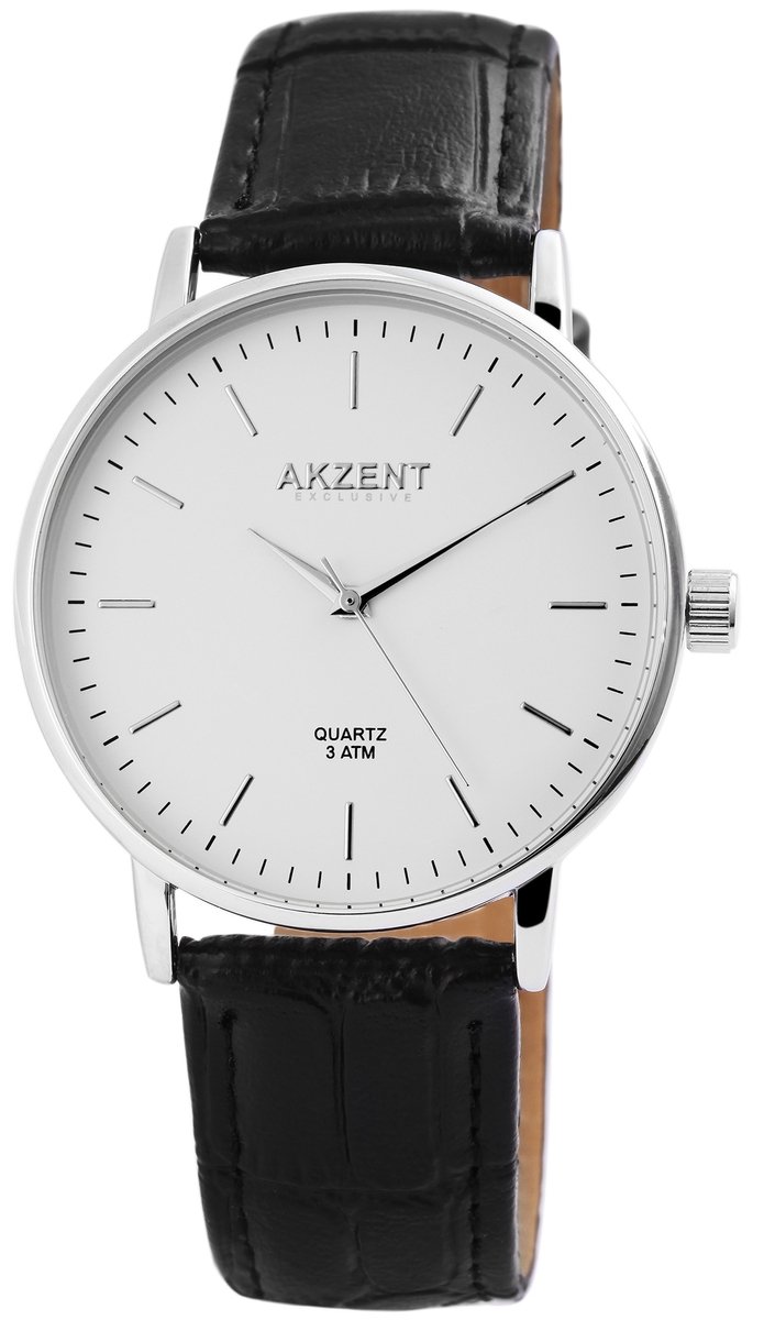 Akzent-Heren horloge-Analoog-Rond-40MM-Zilverkleurig-Zwart lederen band.