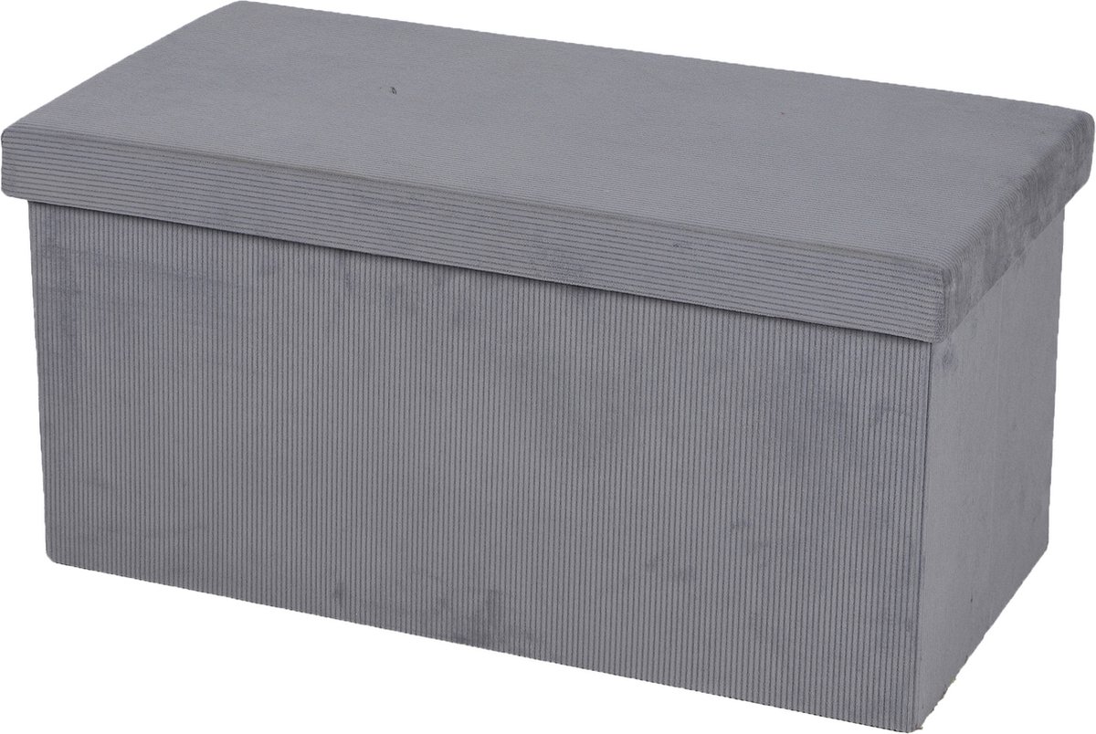 Urban Living Hocker bankje - poef dubbel zits - opbergbox - lichtgrijs - velours look - 76 x 38 x 38 cm - opvouwbaar