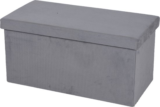 Banc Urban Living Hocker - pouf double place - boîte de rangement - gris clair - aspect velours - 76 x 38 x 38 cm - pliable