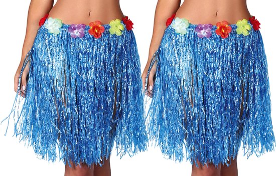 Fiestas Guirca Hawaii verkleed rokje - 2x - voor volwassenen - blauw - 50 cm - hoela rok - tropisch