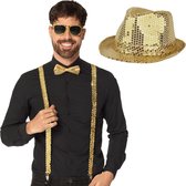 Toppers in concert - Carnaval verkleedset Supercool - hoedje/bretels/bril/strikje - goud - heren/dames - glimmend - verkleedkleding accessoires