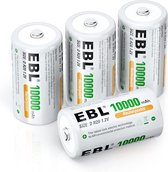 EBL Lot de 4 piles rechargeables D 10 000 mAh – Piles rechargeables longue durée 1,2 V NI-MH