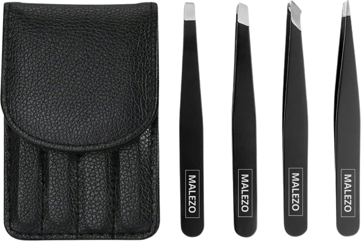 Goedkoopste MALEZO 4-delige Pincet Set - Epileer Set - Professionele Wenkbrauw Pincet - Epileer Set Luxe Etui - Tweezer set - Beauty