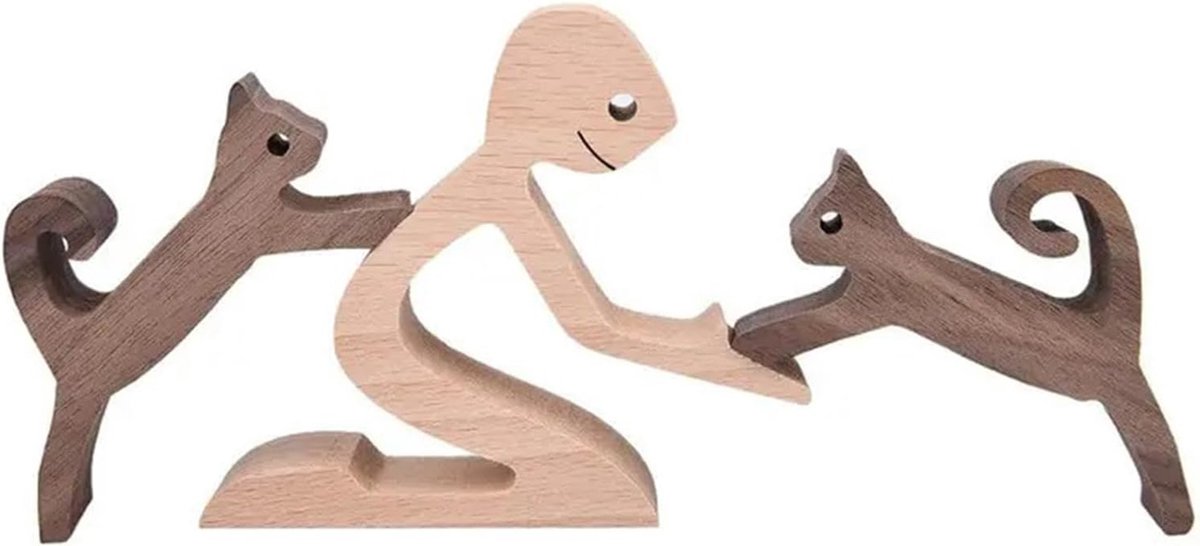 Houten figuren, familie puppy hout snijwerk ornamenten, kattendecoratie, natuurlijk massief hout, schattige puppy's, paarden, kittens en mensen, beeldhouwwerk, handgesneden woondecoratie