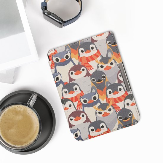 kwmobile e-reader hoesje geschikt voor Kobo Clara 2E hoes - E reader flip case met magnetische sluiting - Ereader cover - Pinguïn Ontwerp design in grijs / geel / bruin van Merkloos — afbeelding 3