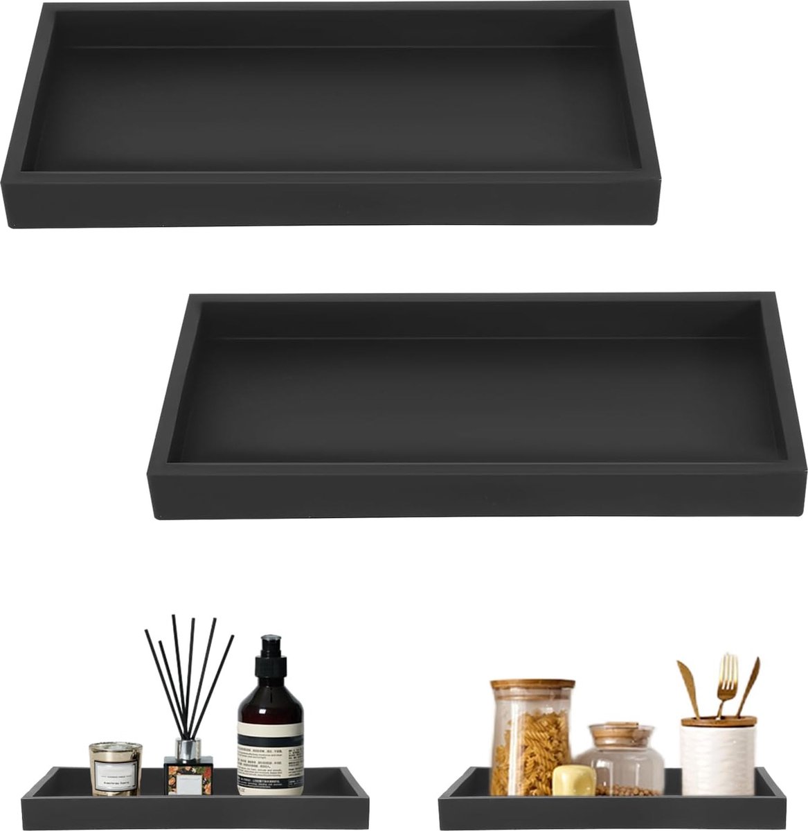 2 stuks badkamer dienblad decoratief dienblad zwart siliconen opbergbak klein dienblad voor wastafel, badkuip, keukenspoelbak en toilet