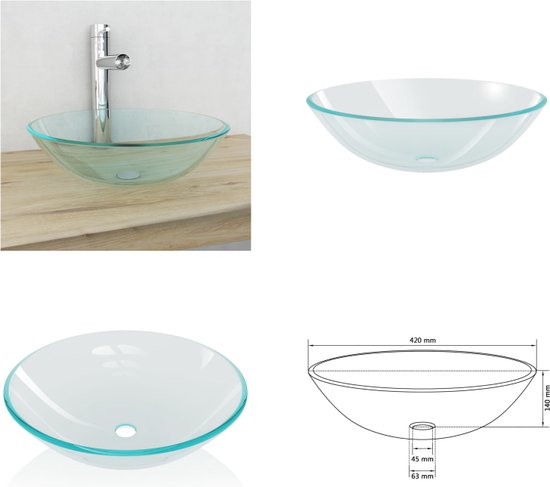 Vdxl wasbak gehard glas 42 cm transparant - Sanitair outlet online | Lage prijzen